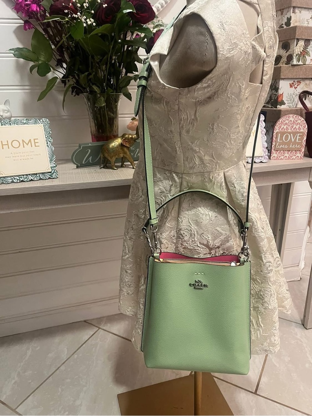 Coach Pebbled Leather Crossbody in Light Green with Pink Trim